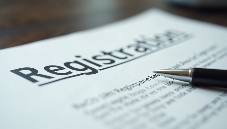 Close-up view of a company registration document and a pen