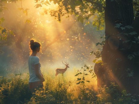 femme en teeshirt blanc dans la foret avec un cerf