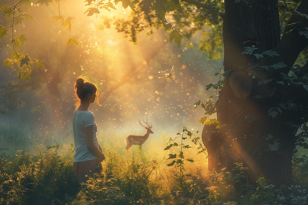 femme en tee shirt blanc dans une forêt avec un cerf au loin