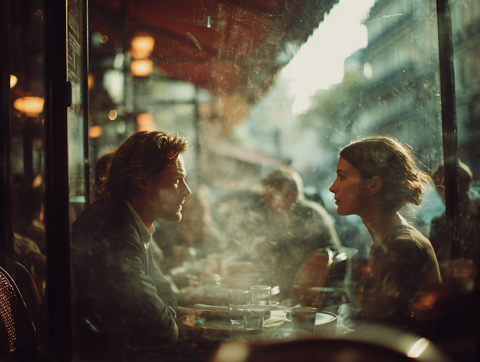 Couple  à une terrasse de café, se faisant face. Ils ont un visage sérieux qui suppose une tension dans leur relation. De la fumée de cigarette illustre le flou dans la relation.