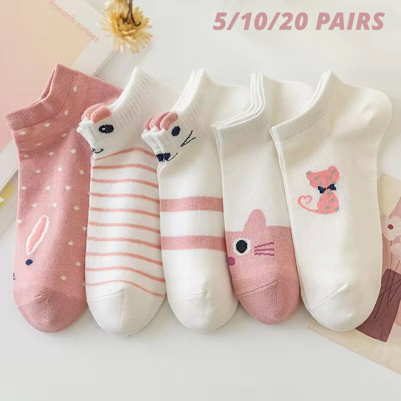 5/10/20 Pairs Women's Short Tube Socks Pink Cat Thin Four Seasons Cute Boat Sock