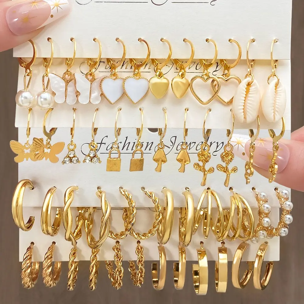 Heart Pearl Dangle Earrings Set Metal Gold Color Butterfly Locks Earrings for Wo