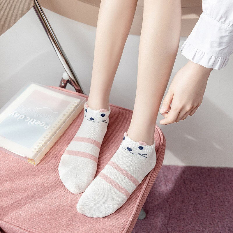 Miniatura: 5/10/20 Pairs Women's Short Tube Socks Pink Cat Thin Four Seasons Cute Boat Sock