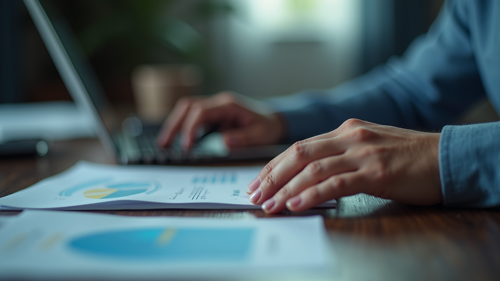Plano detalle de manos usando laptop con gráficos de análisis de datos