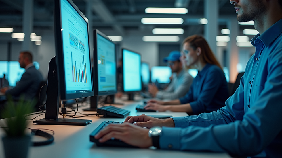 Vista aérea de oficina moderna con equipo trabajando en computadoras