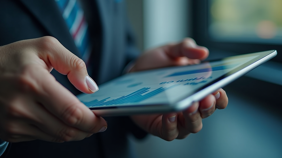Close-up view of a person analyzing CRM data on a tablet