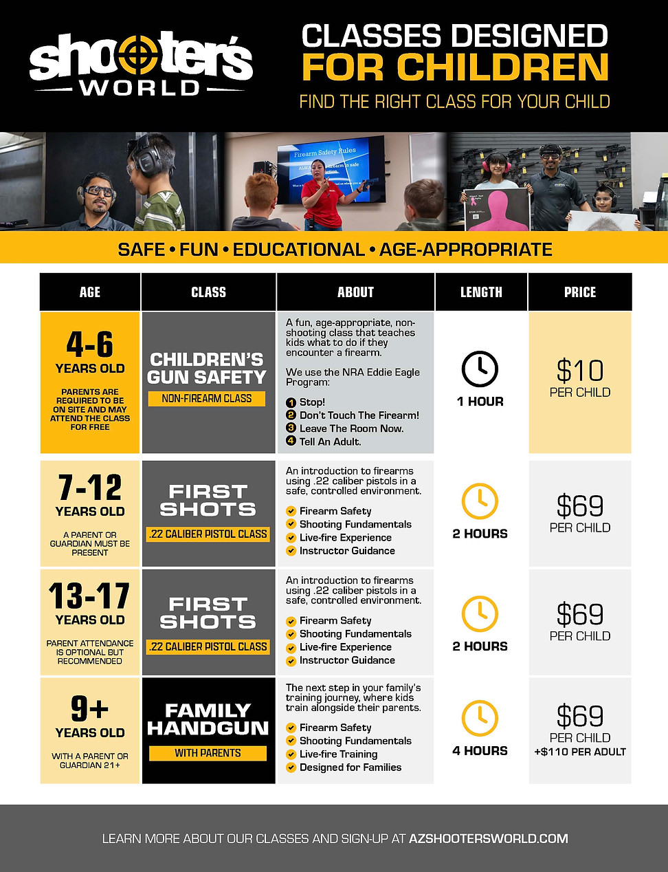 Shooter's World youth gun safety and firearm class schedule for children ages 4 to 17.