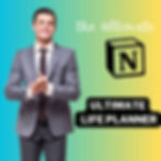 Businessman promoting the ultimate Notion life planner on colorful background