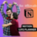 Happy family promoting the ultimate Notion life planner on colorful background