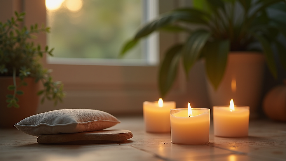 Close-up view of a serene meditation space with candles and plants