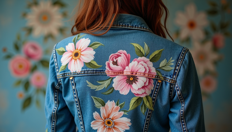 Close-up view of a hand-painted denim jacket with colorful floral designs
