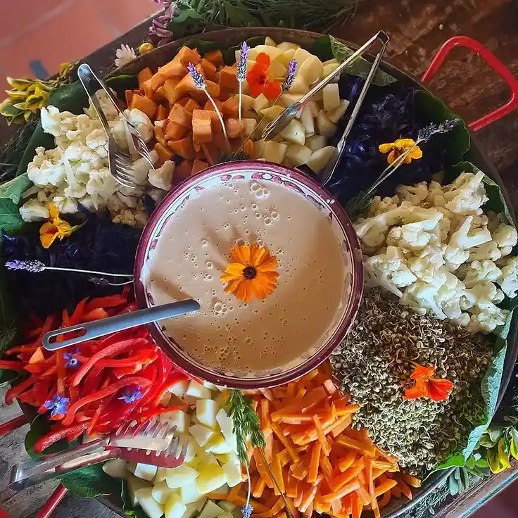 a selection of vegetarian snacks and hummus on the retreat menu