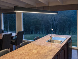 Modern kitchen island with sink and forest view