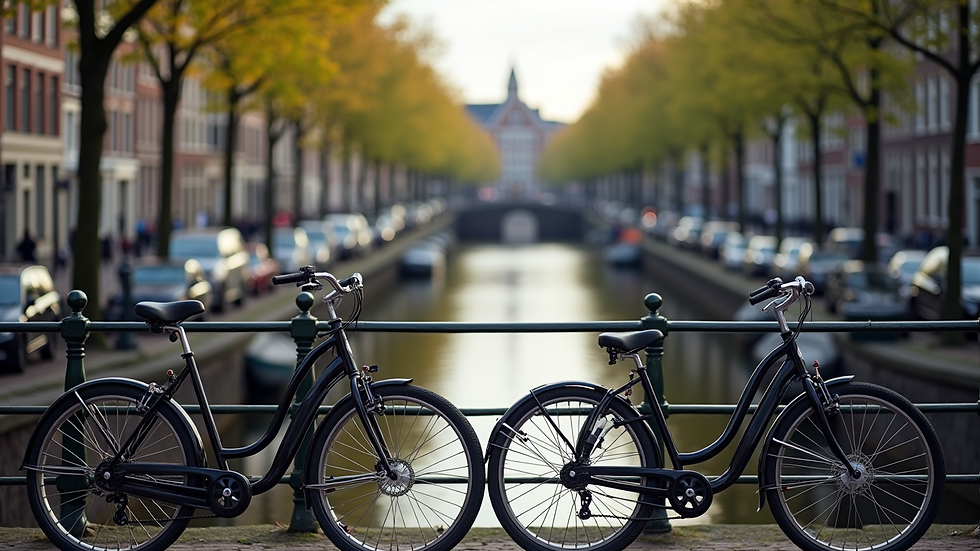 High angle view of bicycles parked near a Dutch canal