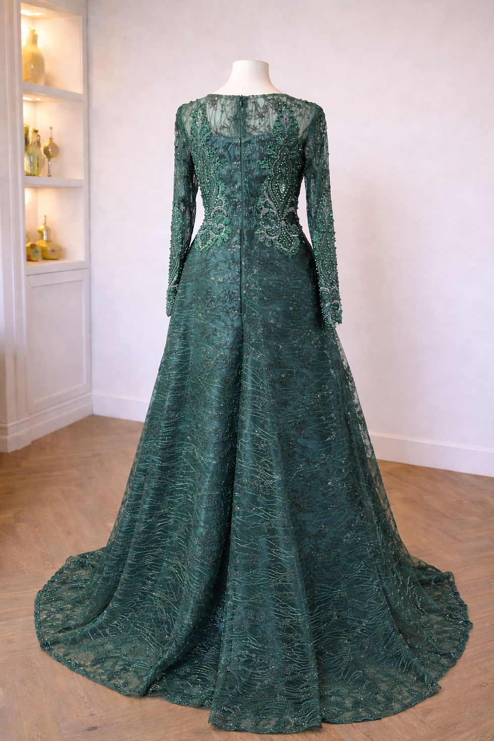 Thumbnail: Emerald Beaded Lace A-Line Gown