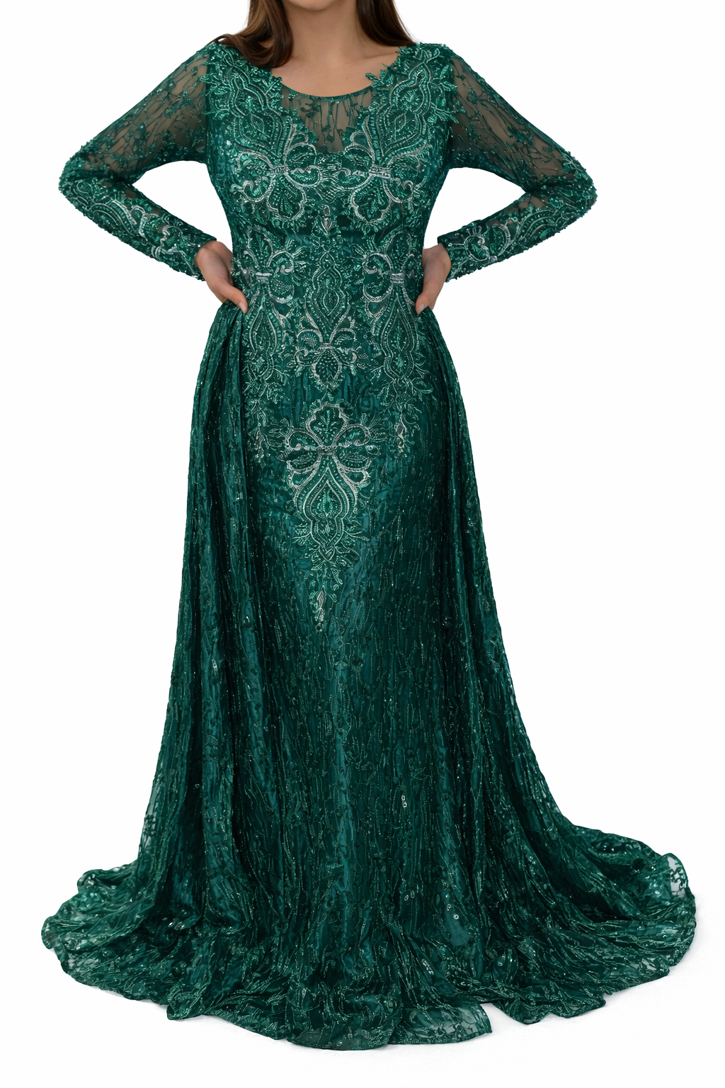Emerald Beaded Lace A-Line Gown