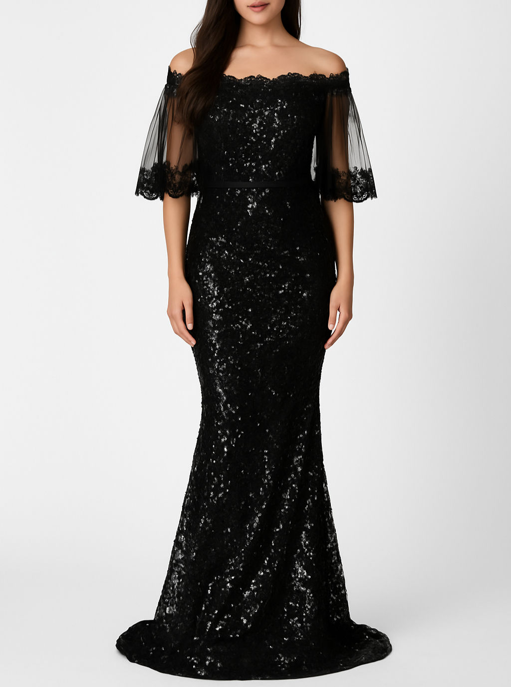 Black Butterfly Sleeve Evening Gown