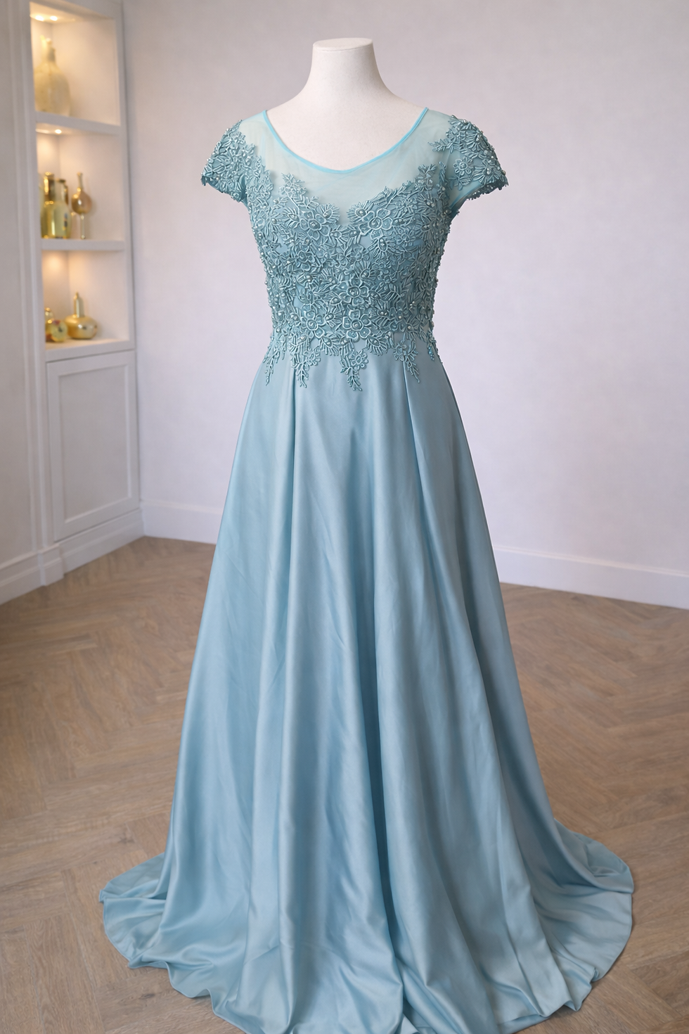 Thumbnail: Light Ice Blue Lace & Satin A-Line Gown