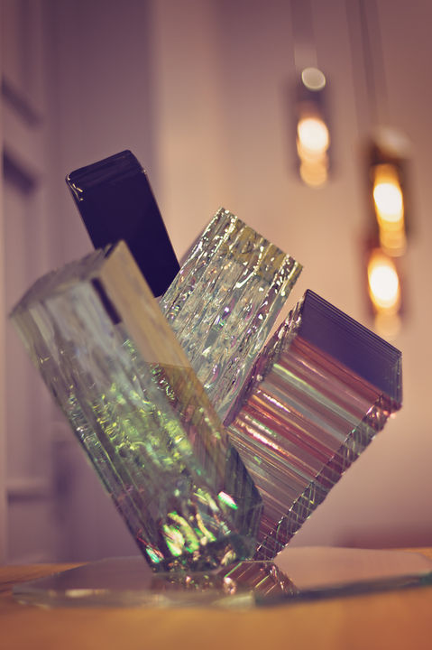 Contemporary beautiful table-size sculpture, layered glass artwork in interior design, modern aesthetic glass art in, Agrit by glass artist Ernest Vitin