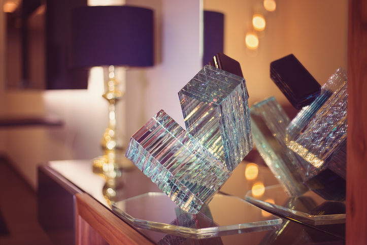 Table-size decorative objects from glass for home or office, beautiful interior artwork, glass collector, aesthetic layered glass art in interior design, Agrit by glass artist Ernest Vitin