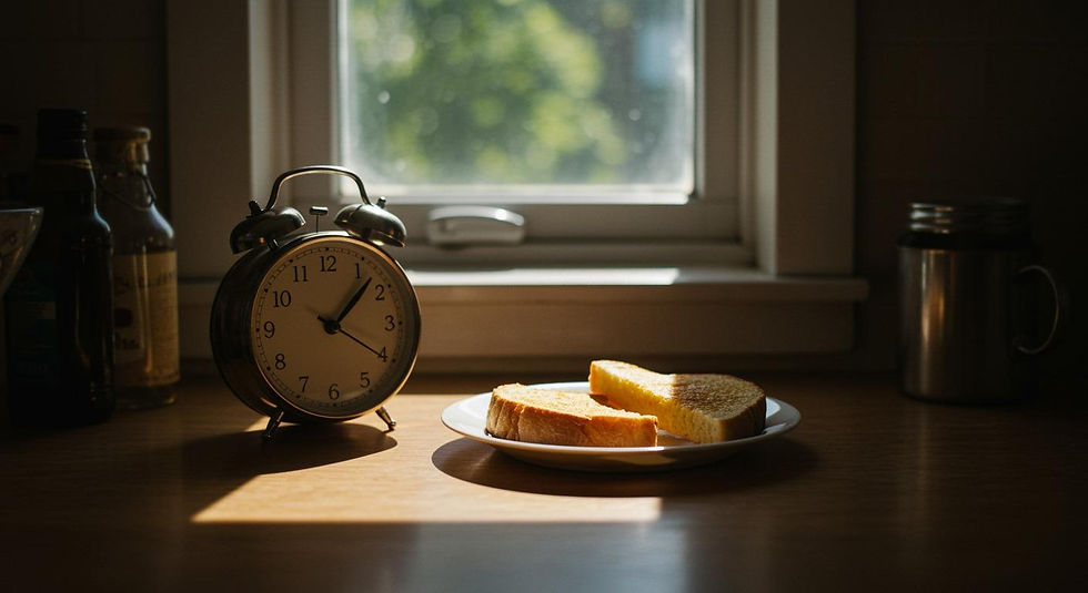 Wooden table with bread and a clock symbolising the relationship between hunger, time, and awareness.