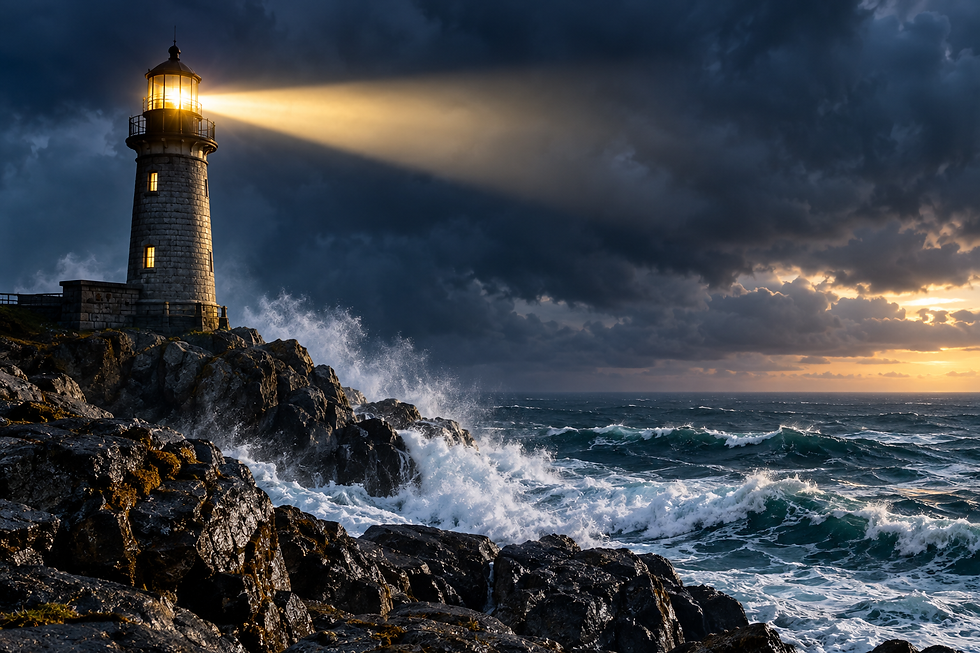 Lighthouse standing on a rocky coastline at night with its light shining through a storm.