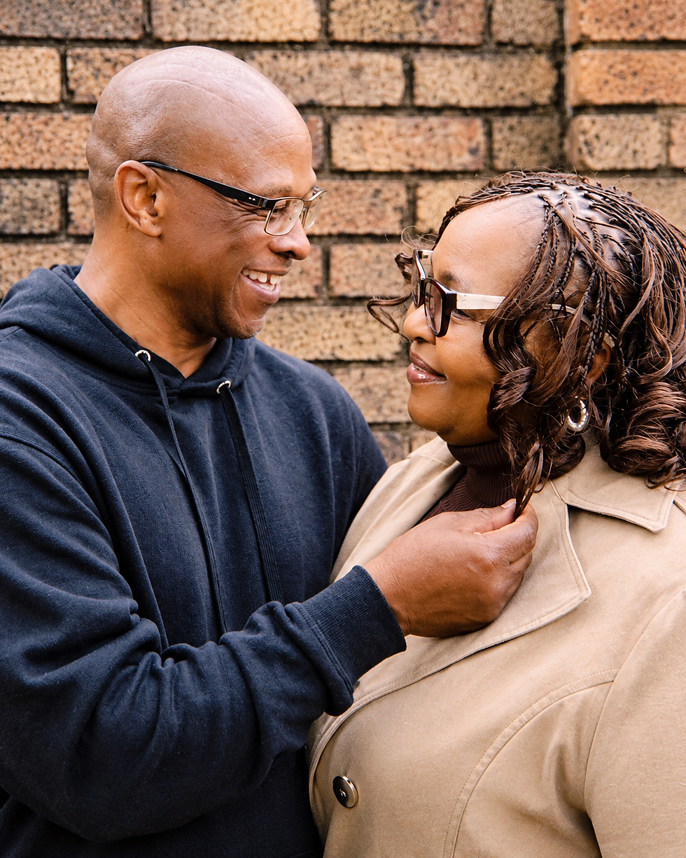 A husband and wife smiling at each other as they share a tender moment before leaving home, reflecting their non negotiable goodbye and welcome home kiss.