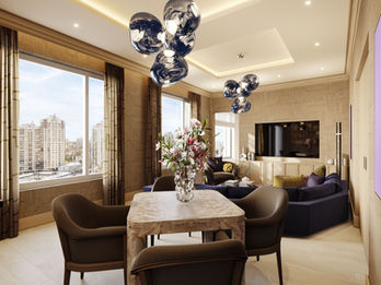 360 degree virtual tour panorama of a luxury media room interior design with TV setup and lounge area