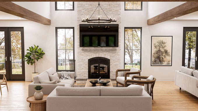 Photorealistic 3D interior rendering of a traditional Connecticut home remodeling project, designed by KOLO CGI for local contractors and renovation companies to showcase high-end living room finishes, stone fireplaces, and architectural beams.
