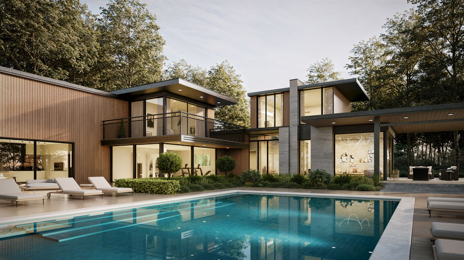 Modern architectural rendering of a luxury home with pool, designed and visualized by KOLO CGI for a 3D rendering competition.