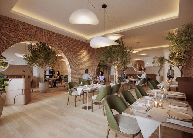 Professional 3D interior rendering of a luxury restaurant project in Montclair, New Jersey, showcasing KOLO CGI's ability to visualize complex architectural brickwork and organic lighting for commercial real estate developers.