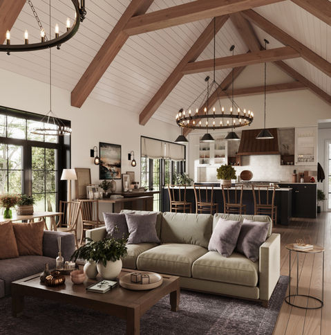 Photorealistic 3D interior rendering of a modern open-space living area and kitchen in Houston, created by KOLO CGI to assist interior design professionals and custom home builders with high-fidelity spatial visualization.