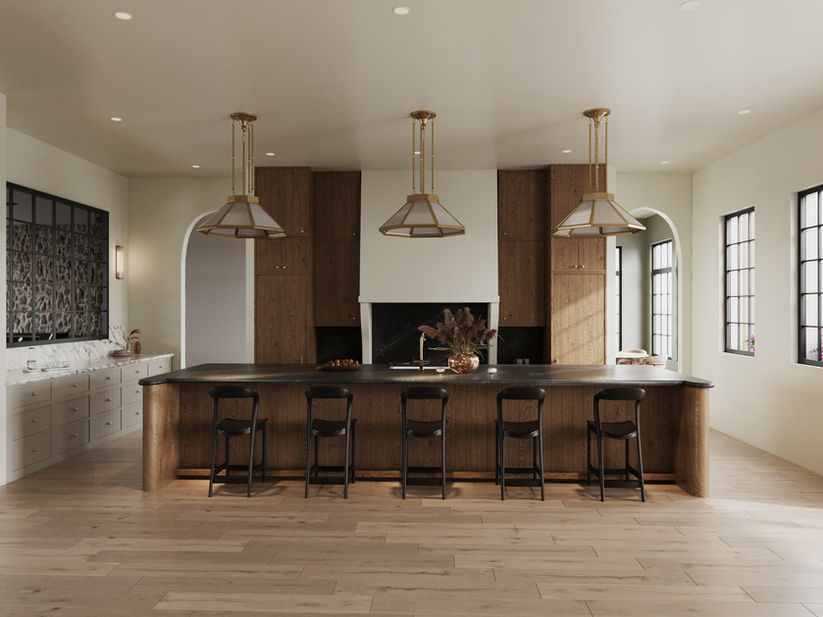 3D rendering of a modern kitchen with wood cabinets, black-accented island, and pendant lighting — created for Walsh & Mangan by KOLO CGI.