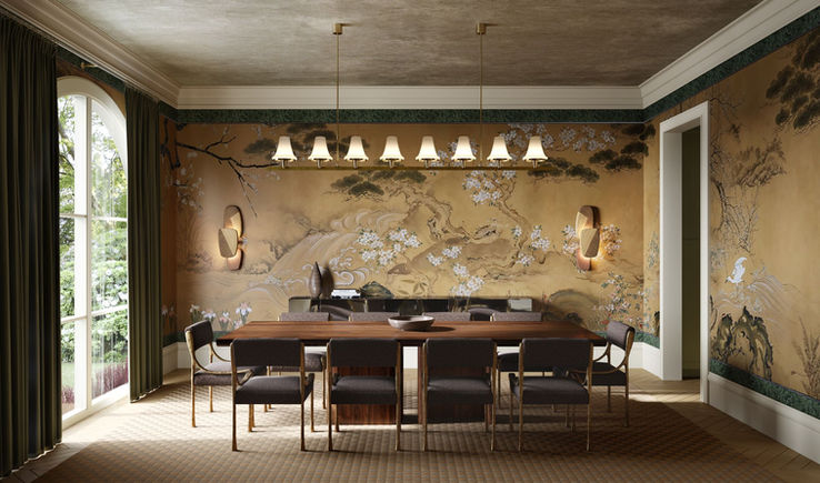 Elegant dining room 3D visualization featuring hand-painted chinoiserie murals, linear chandelier, and mid-century modern furniture