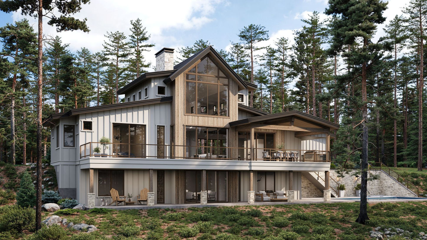 Modern mountain home architecture with vertical siding, massive A-frame windows, and spacious wooden decks nestled in a pine forest, photorealistic 3D rendering by KOLO CGI.
