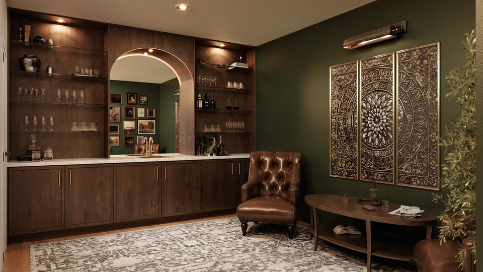 Alt Text Professional interior 3D rendering of a modern home bar and library space in Seattle, created by KOLO CGI to help interior design professionals and builders visualize high-end residential interiors.