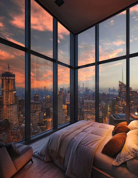 3D rendering of a modern bedroom with floor-to-ceiling windows and a city sunset view — visualized by KOLO CGI.