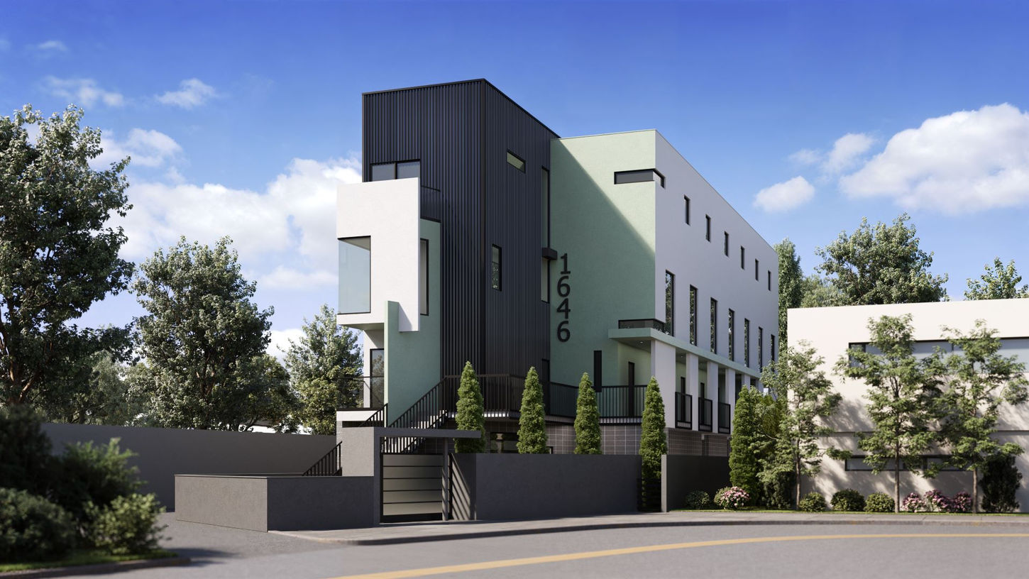 Modern townhome 3D exterior rendering with vertical design and bold materials in Los Angeles.