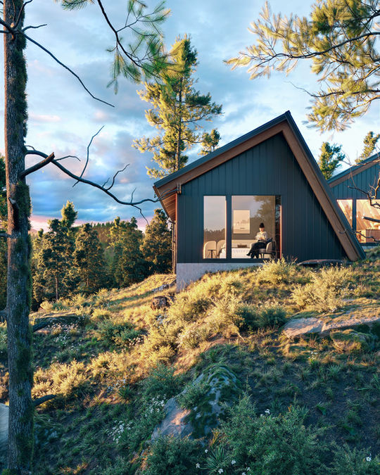 Modern A-frame cabin exterior 3D rendering on hillside at twilight