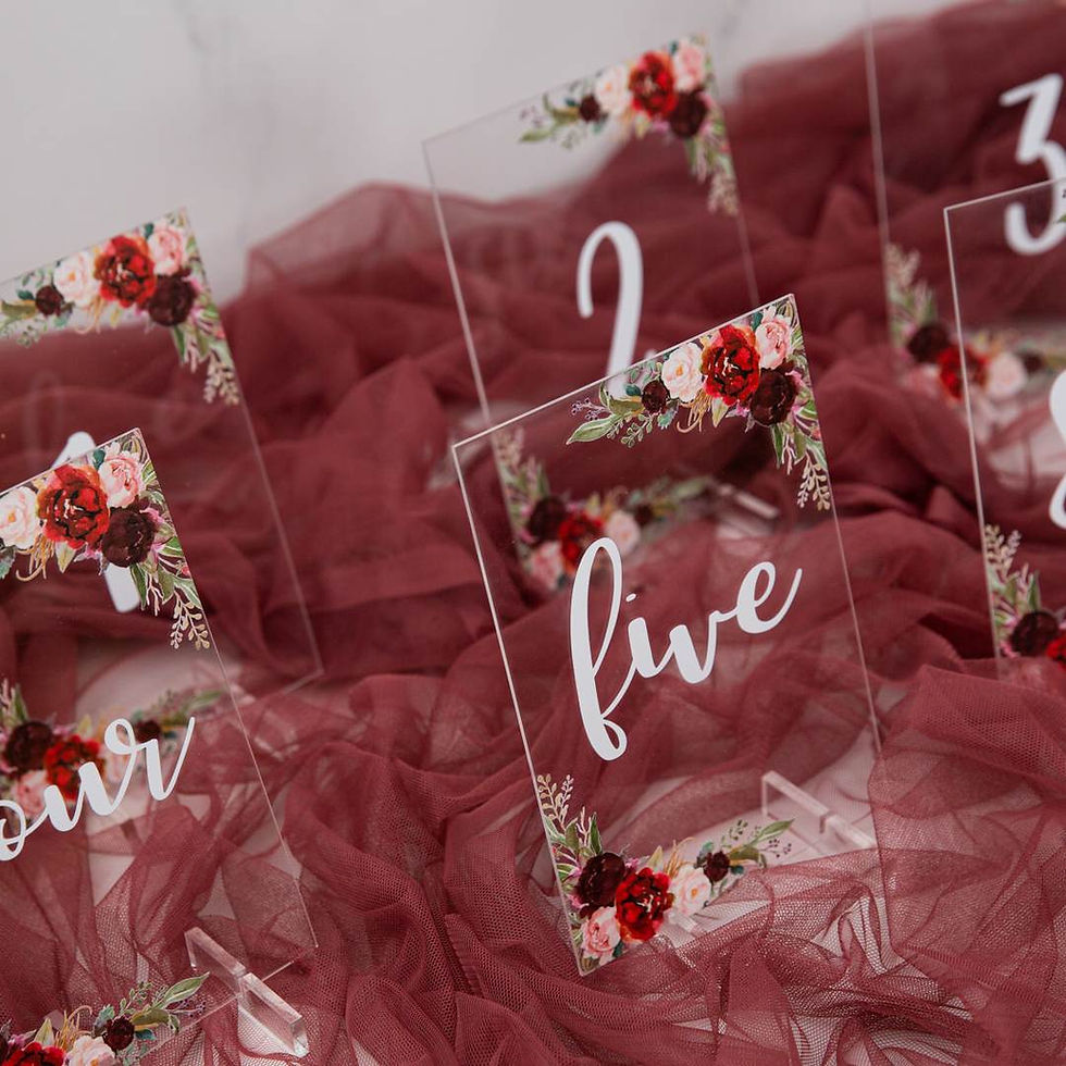 Thumbnail: Burgundy and Blush Acrylic Table Numbers with Stand