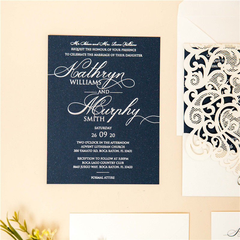 Thumbnail: Navy and Ivory Shimmer Laser Cut Invitation Set