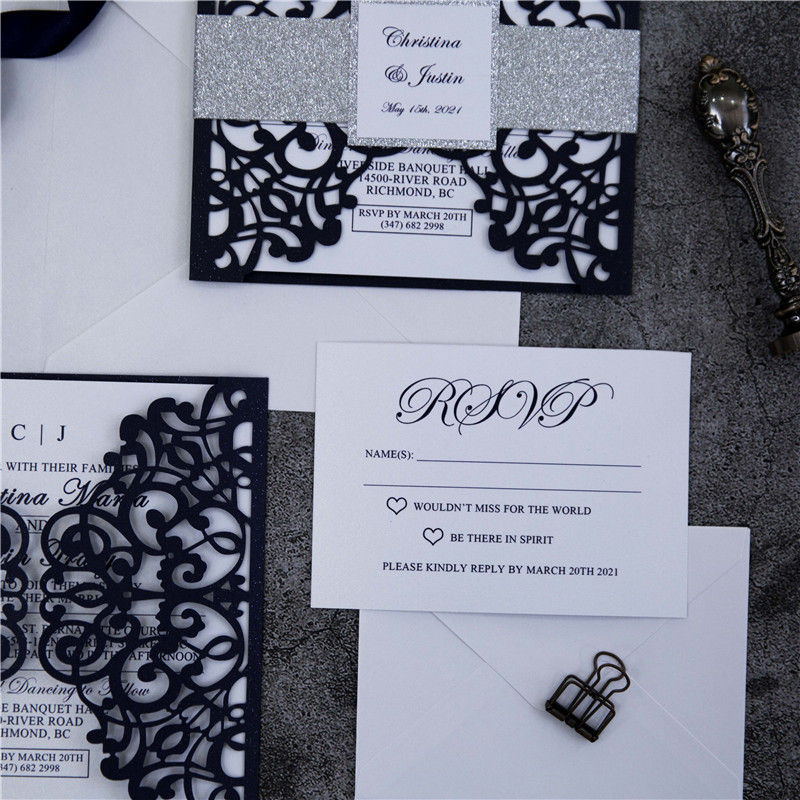 Thumbnail: Navy and Silver Laser Cut Invitation Set