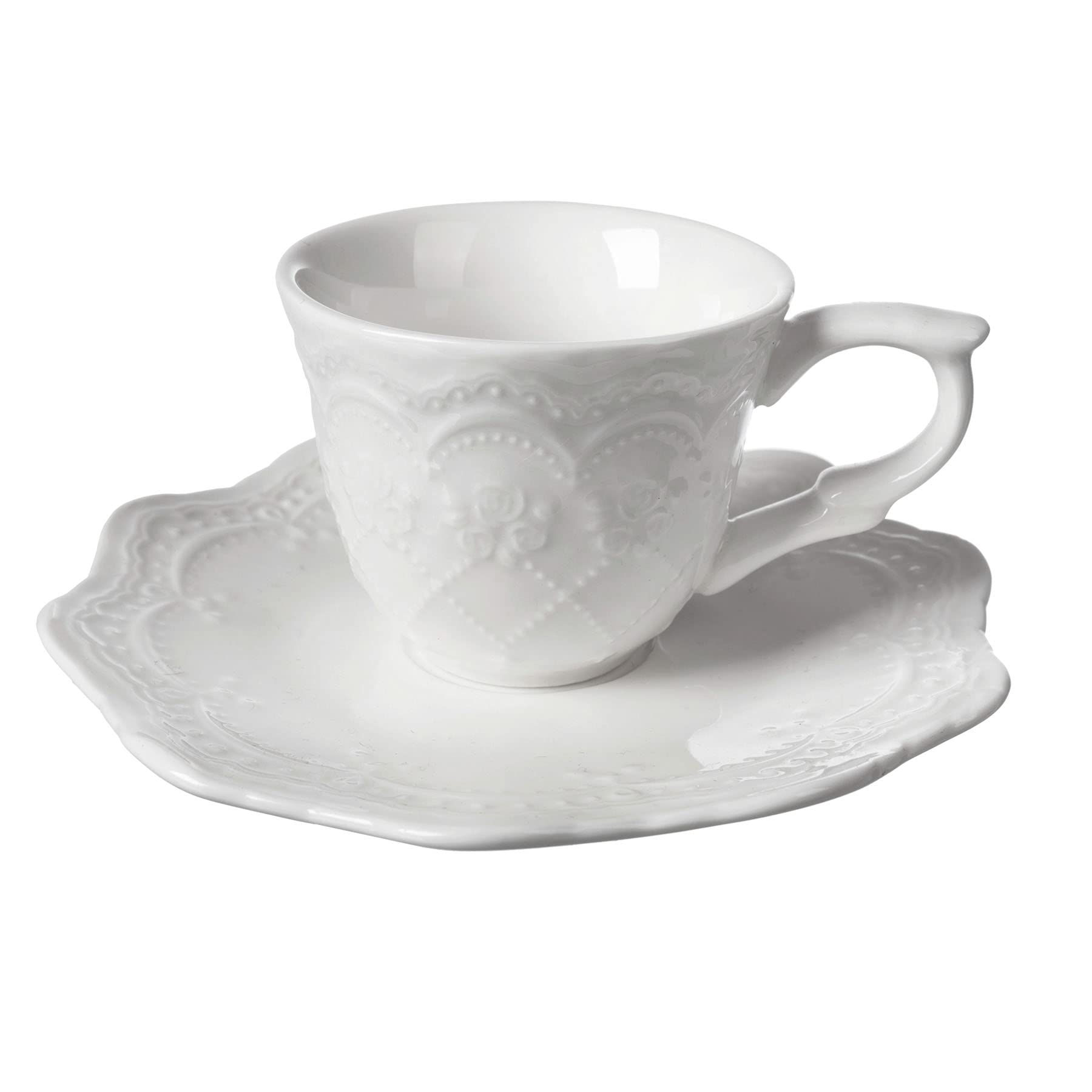 6 כוסות לקפה עם תחתיות צבע לבן ניו בון צ"ינה – סדרת תחרה 90 מ"ל.