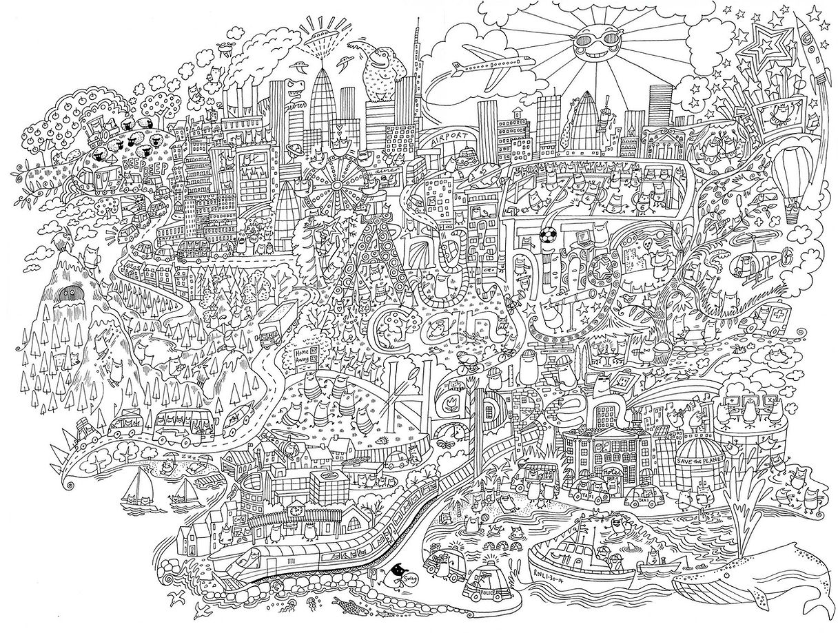 Anything can happen in countryside and city the future is ours big scene with little creatures going about their everyday lives and loves, the sun and king kong and a ufo, skyscrapers and buildings sheep andtractor mountains and caves stars rocket ship and hot air balloon and a car chase