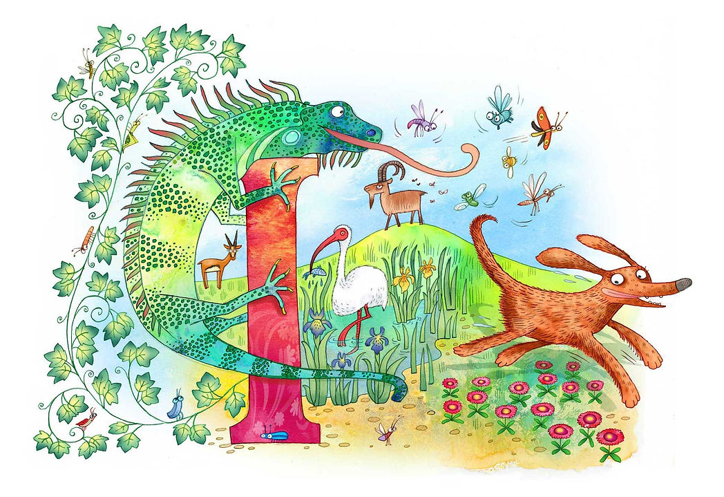 I is for iguana, and Irish setter, Ibex and insects iris and ivy