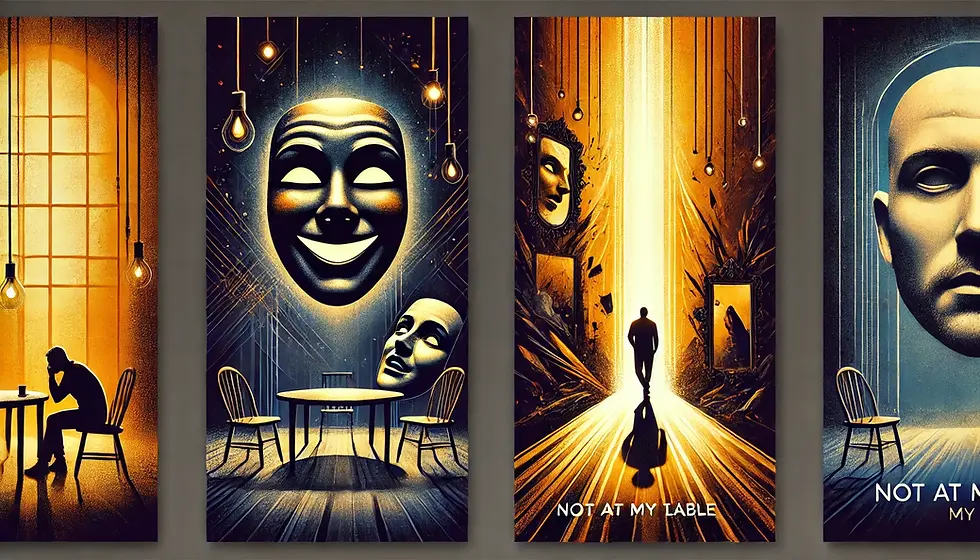 Silhouetted figures, large masks, and vintage bulbs in surreal orange-blue scenes. Text reads "NOT AT MY TABLE." Eerie and contemplative mood.