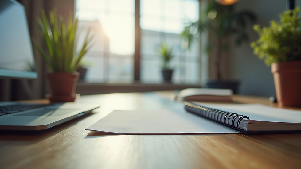 Eye-level view of a small office desk with a plant and a notebook