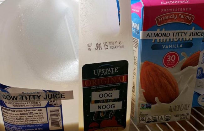 Funny pictures daughter label maker fridge cow titty juice