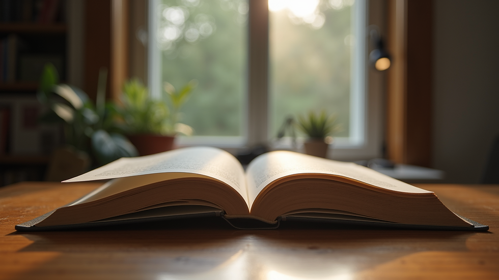 Eye-level view of an open book resting on a wooden table