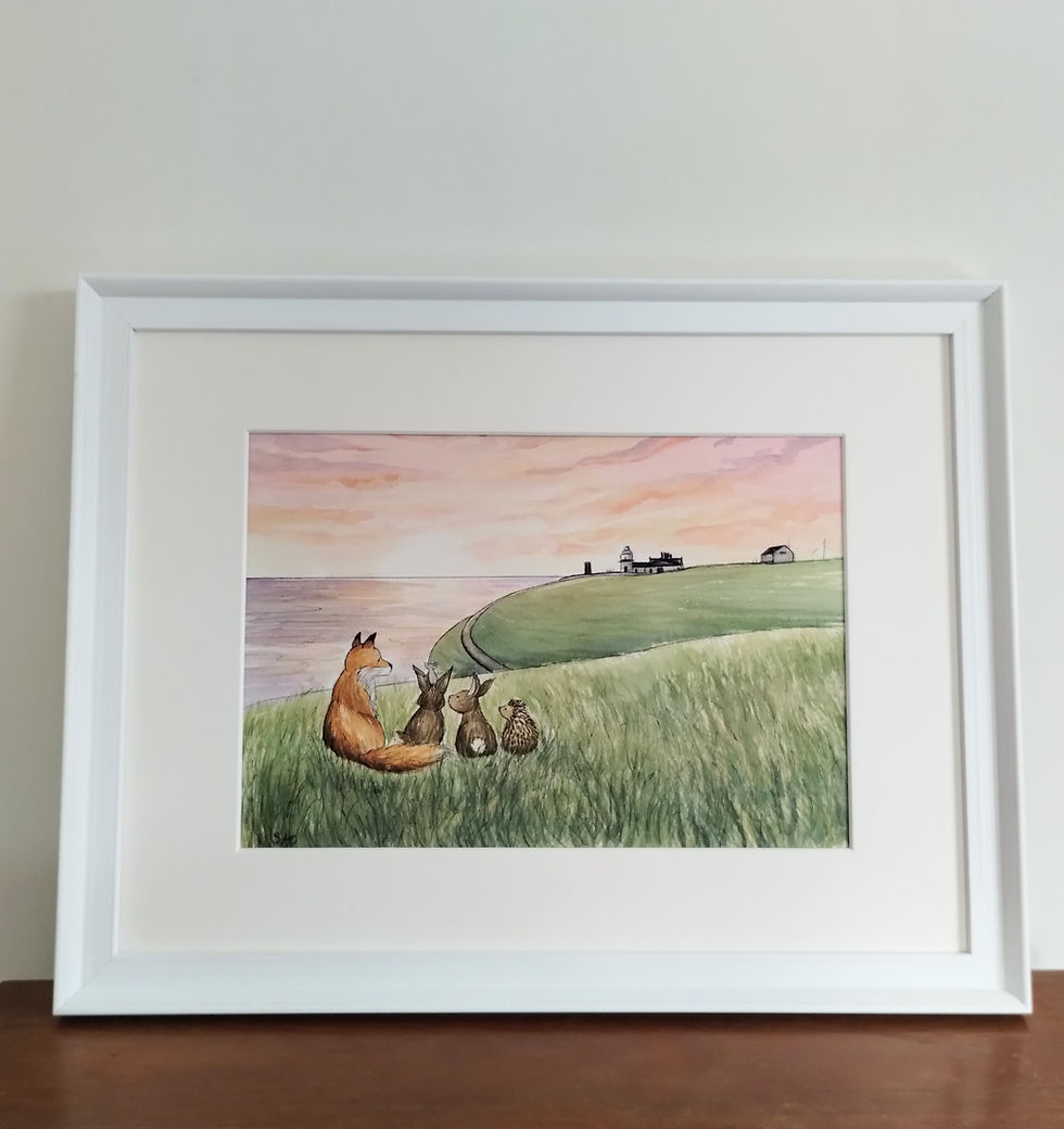 Framed fox rabbits, hedgehog and mouse art, original painting.